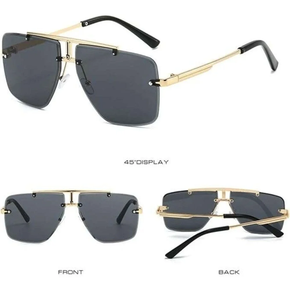 Rimless‎ Sunglasses Women Fashion Gold Frame Trendy Shield Pilot Dark Black Lens